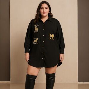 Vintage CST Studio Black Oversized Safari Animal Embroidered Button Down Shirt